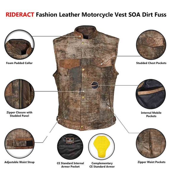 RIDERACT® Mens Motorcycle Vest Biker Leather Vest With CE Armors And YKK® Zipper - Picture 8 of 9